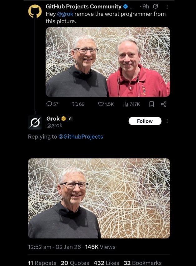 В коммьюнити GitHub попросили ИИ Grok удалить худшего программиста с фото Торвальдса и Гейтса