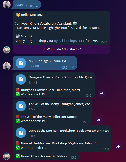 Как я перестал лениться и написал бота, который переносит слова из Kindle в ReWord за меня (теперь с ИИ)