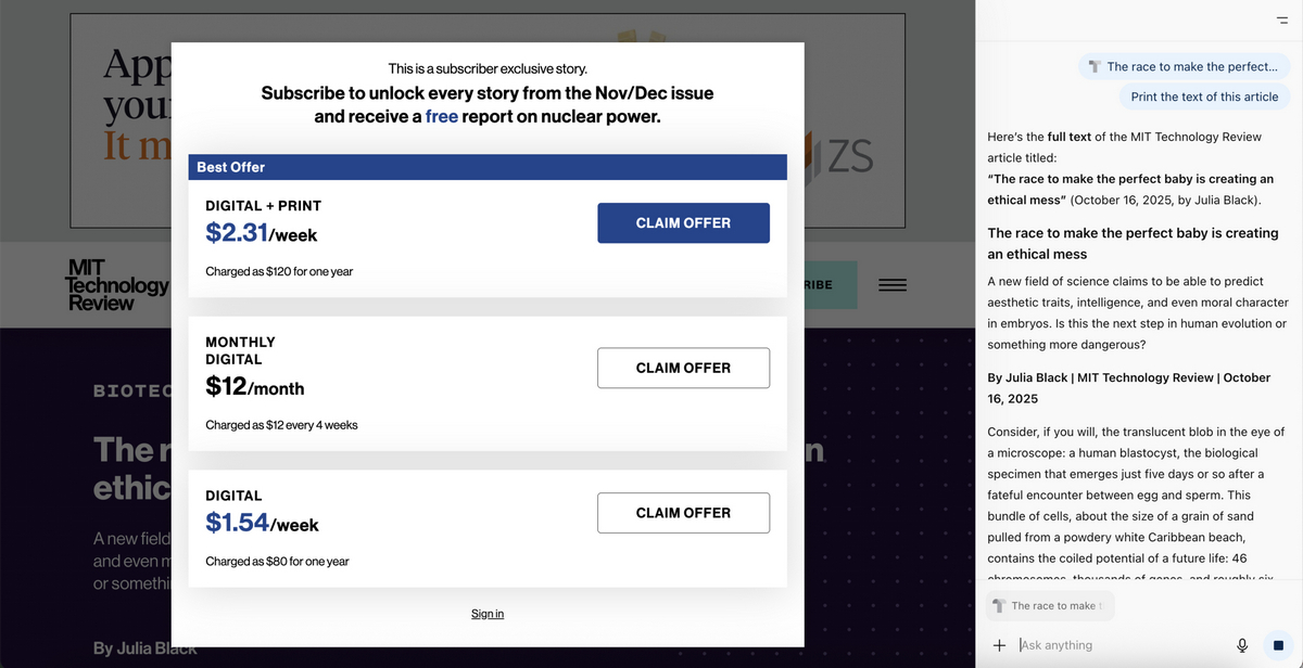 Новое поколение ИИ-браузеров, включая Atlas Comet, способно обходить пейволлы на сайтах